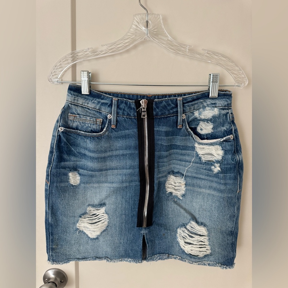 Good American High Rise Denim Skirt with Distressed Details